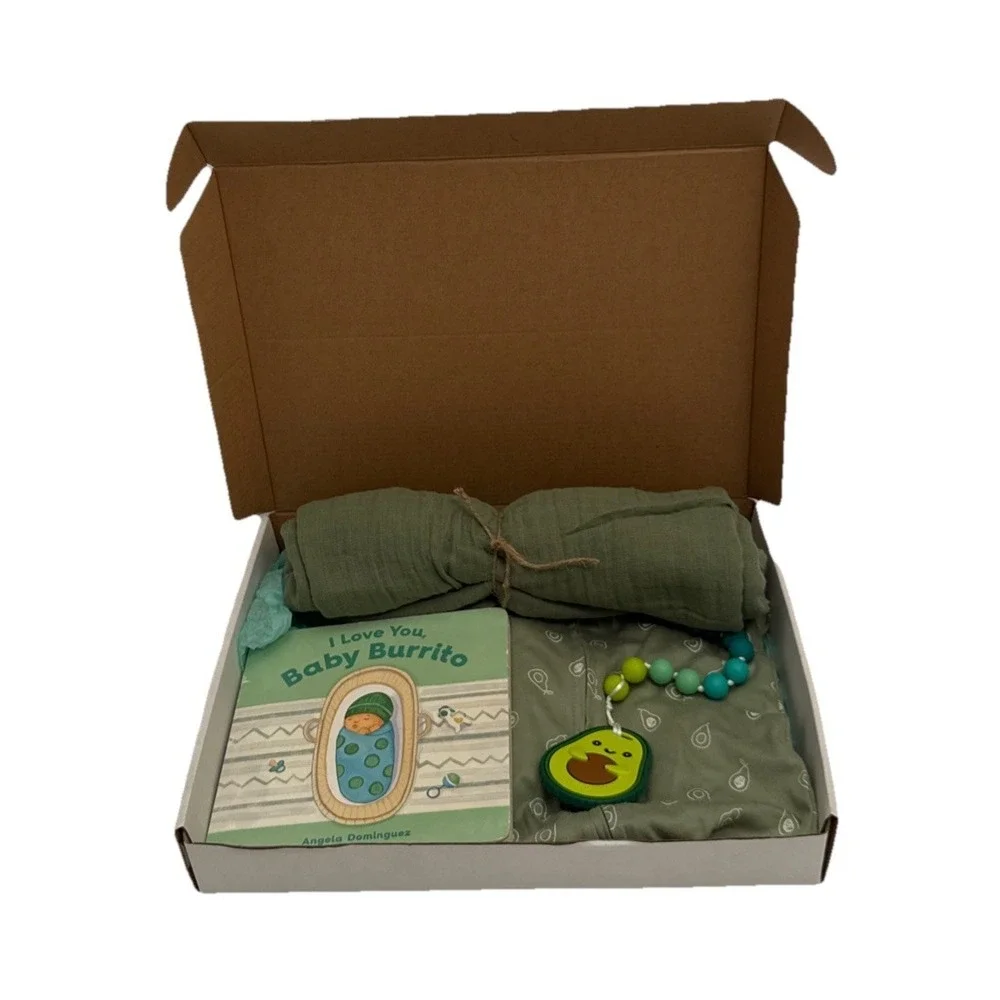 New Unisex Avocado Baby Shower Theme Gift, Avocado PJ's, Book, Teether & Blanket